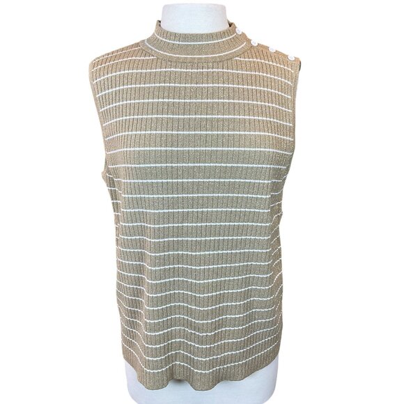 Talbots Sleeveless Ribbed Metallic Gold Stripe Sweater Button Accents XL - Picture 1 of 8
